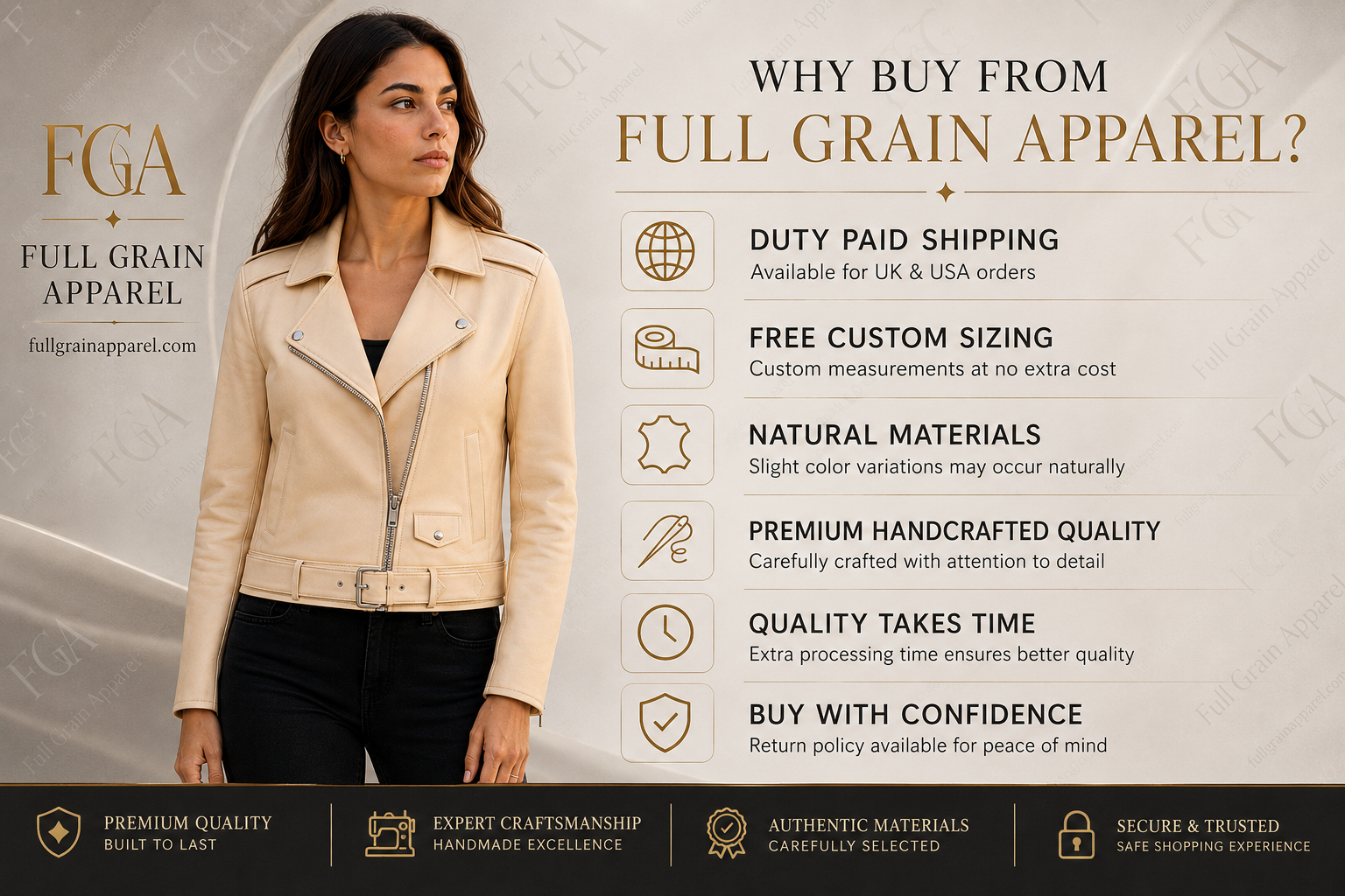 Women's Cream Biker Leather Jacket | Classic Moto Style | Full Grain Apparel