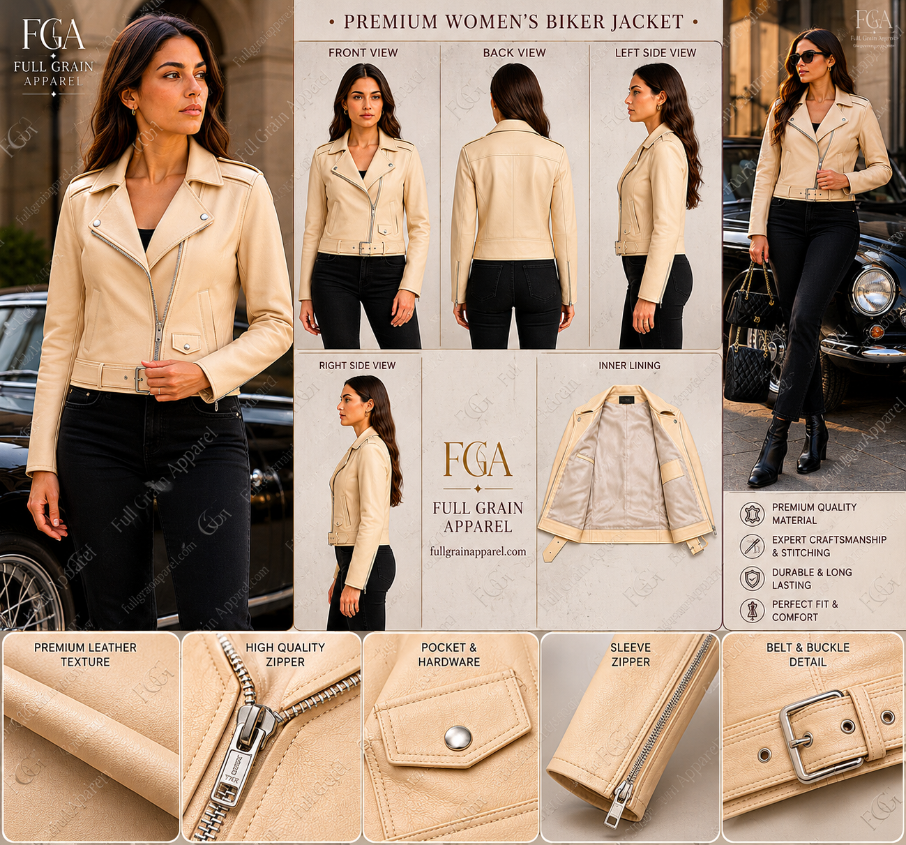 Women's Cream Biker Leather Jacket | Classic Moto Style | Full Grain Apparel