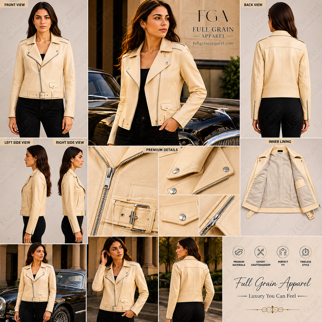 Women's Cream Biker Leather Jacket | Classic Moto Style | Full Grain Apparel