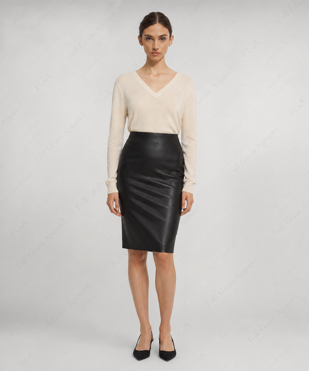 Women's Black Leather Pencil Skirt | High Waist Office Style | Full Grain Apparel