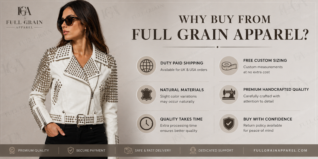 Women's White Studded Leather Biker Jacket | Punk Moto Style | Full Grain Apparel