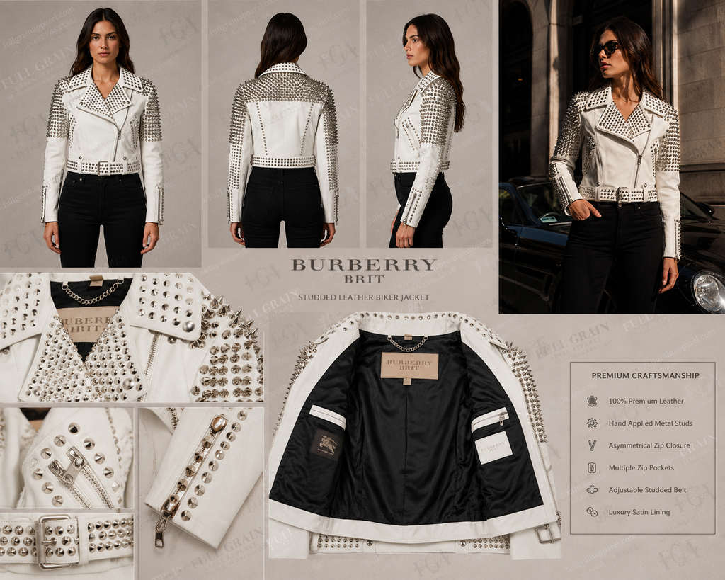 Women's White Studded Leather Biker Jacket | Punk Moto Style | Full Grain Apparel