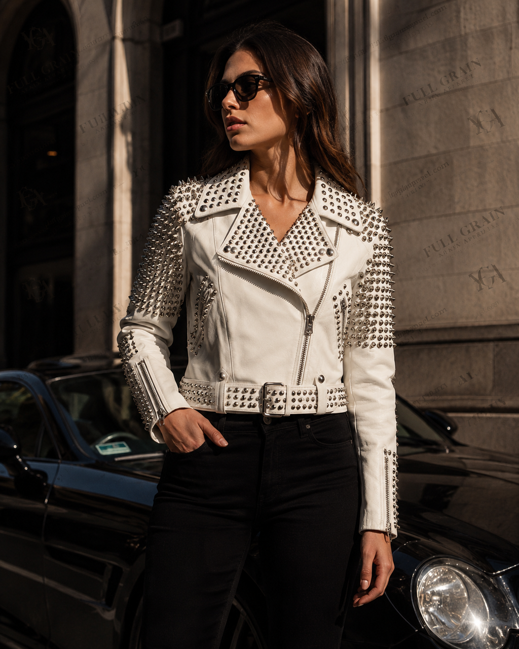 Women's White Studded Leather Biker Jacket | Punk Moto Style | Full Grain Apparel