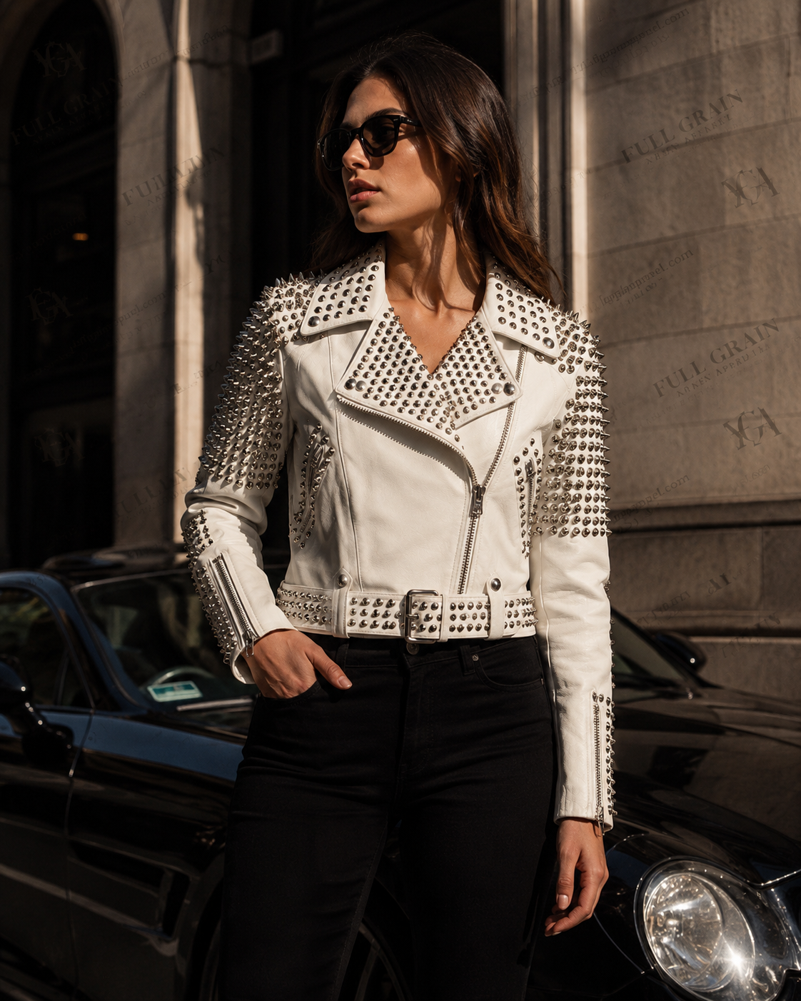 Women's White Studded Leather Biker Jacket | Punk Moto Style | Full Grain Apparel