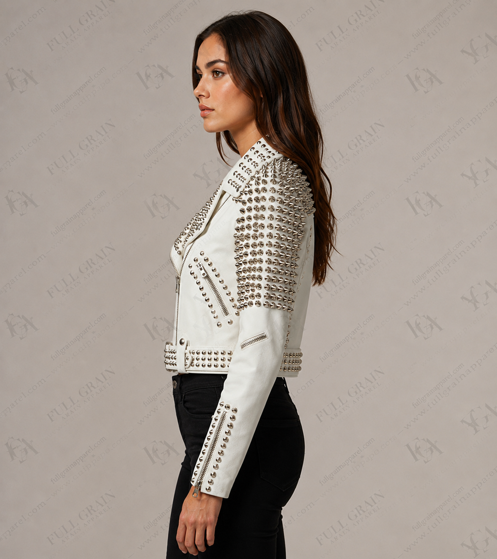 Women's White Studded Leather Biker Jacket | Punk Moto Style | Full Grain Apparel