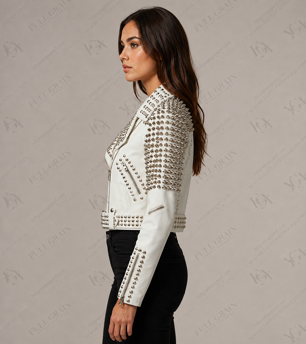 Women's White Studded Leather Biker Jacket | Punk Moto Style | Full Grain Apparel
