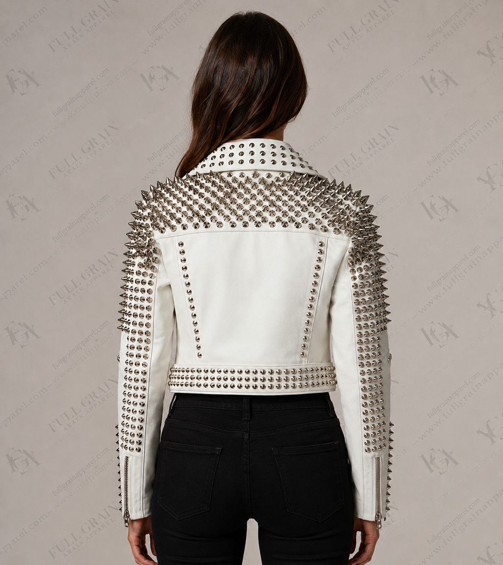 Women's White Studded Leather Biker Jacket | Punk Moto Style | Full Grain Apparel