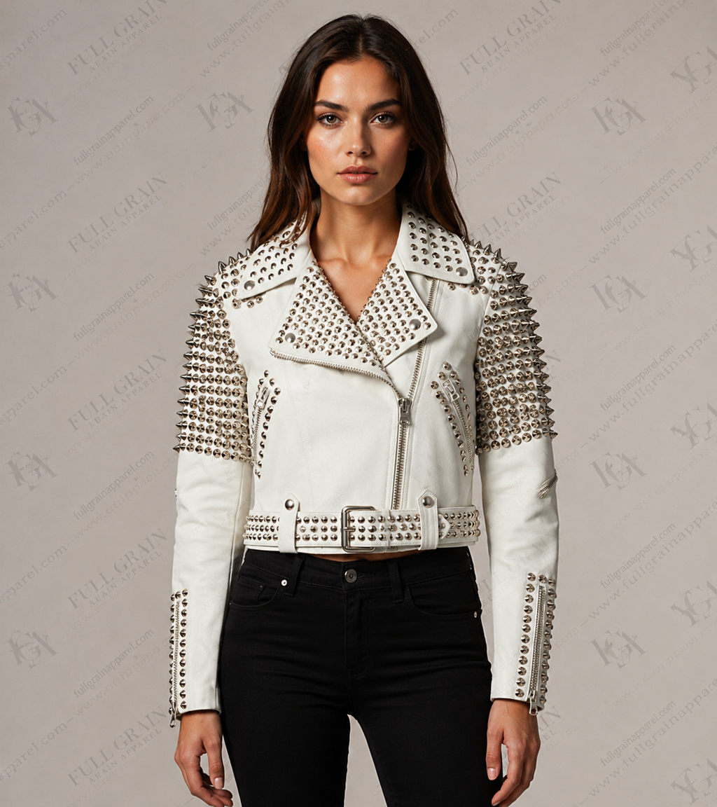 Women's White Studded Leather Biker Jacket | Punk Moto Style | Full Grain Apparel