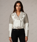 Women's White Studded Leather Biker Jacket | Punk Moto Style | Full Grain Apparel
