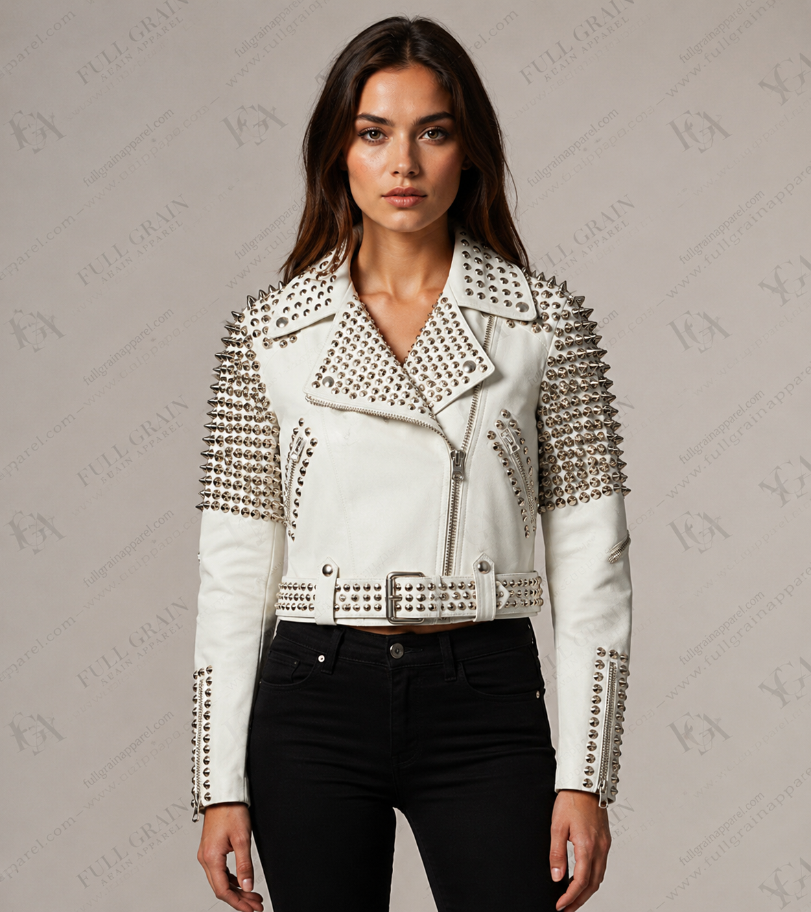 Women's White Studded Leather Biker Jacket | Punk Moto Style | Full Grain Apparel