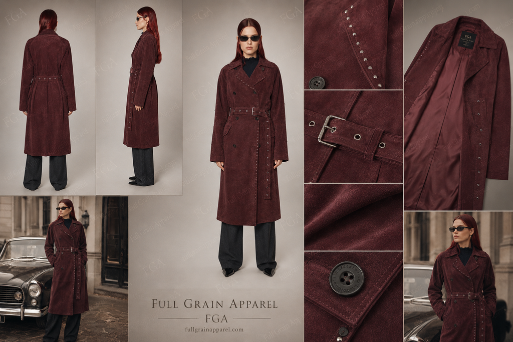 Women's Burgundy Leather Long Trench Coat | Luxury Belted Outerwear | Full Grain Apparel