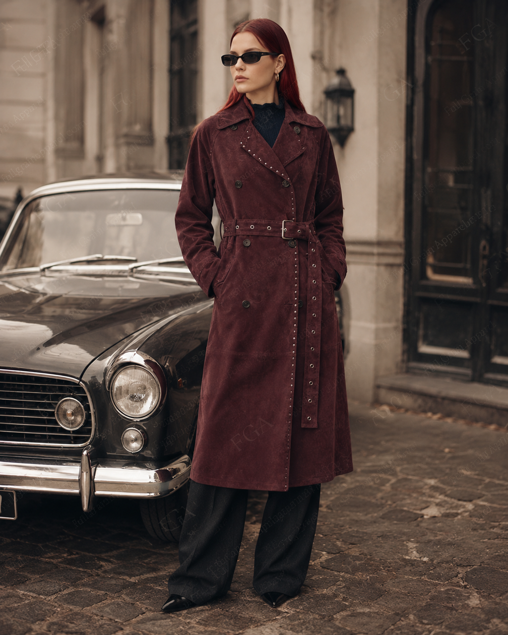 Women's Burgundy Leather Long Trench Coat | Luxury Belted Outerwear | Full Grain Apparel
