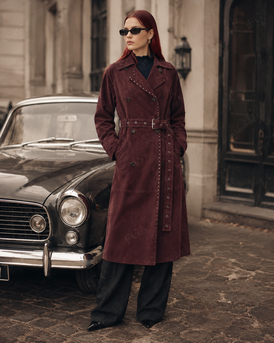 Women's Burgundy Leather Long Trench Coat | Luxury Belted Outerwear | Full Grain Apparel