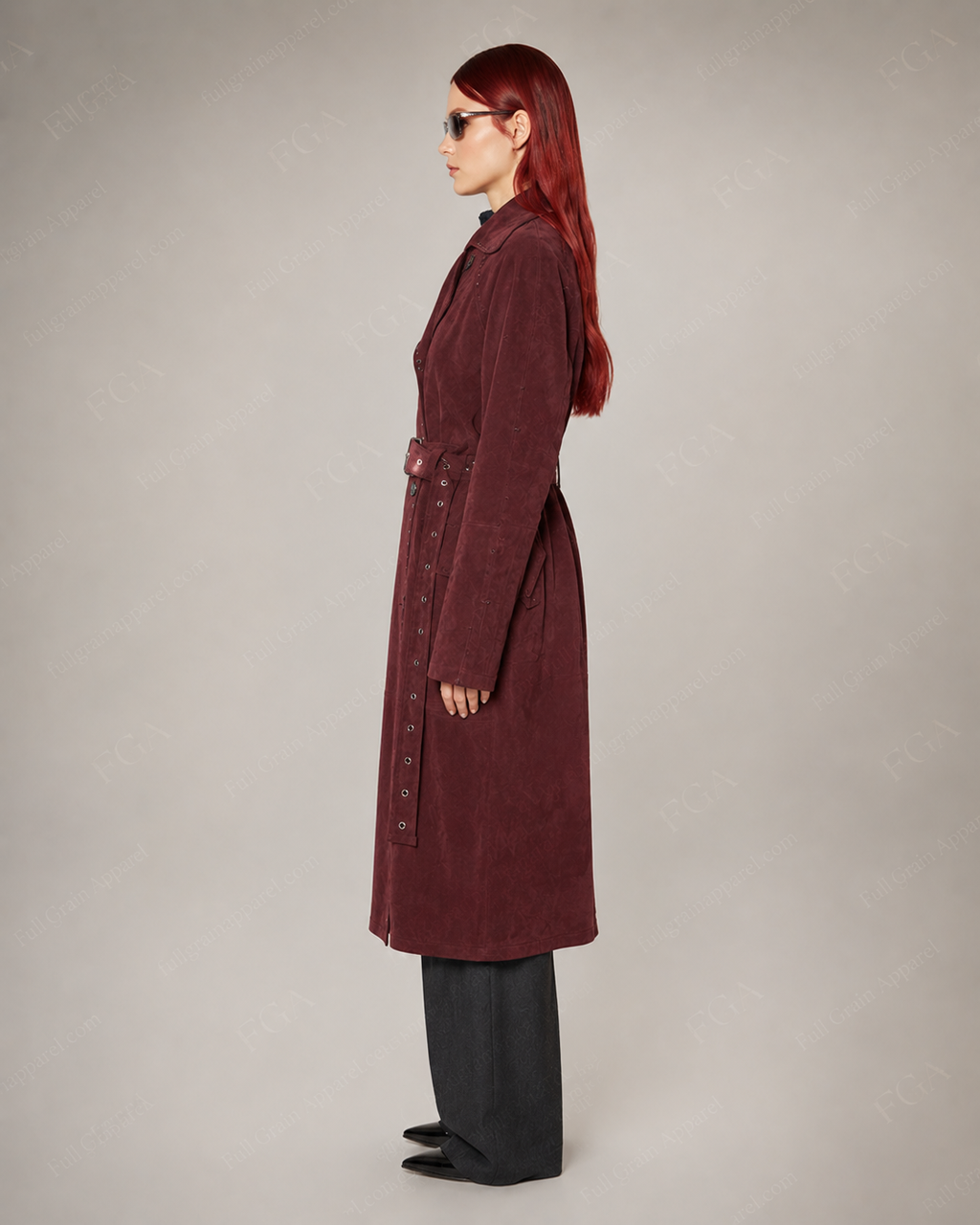 Women's Burgundy Leather Long Trench Coat | Luxury Belted Outerwear | Full Grain Apparel