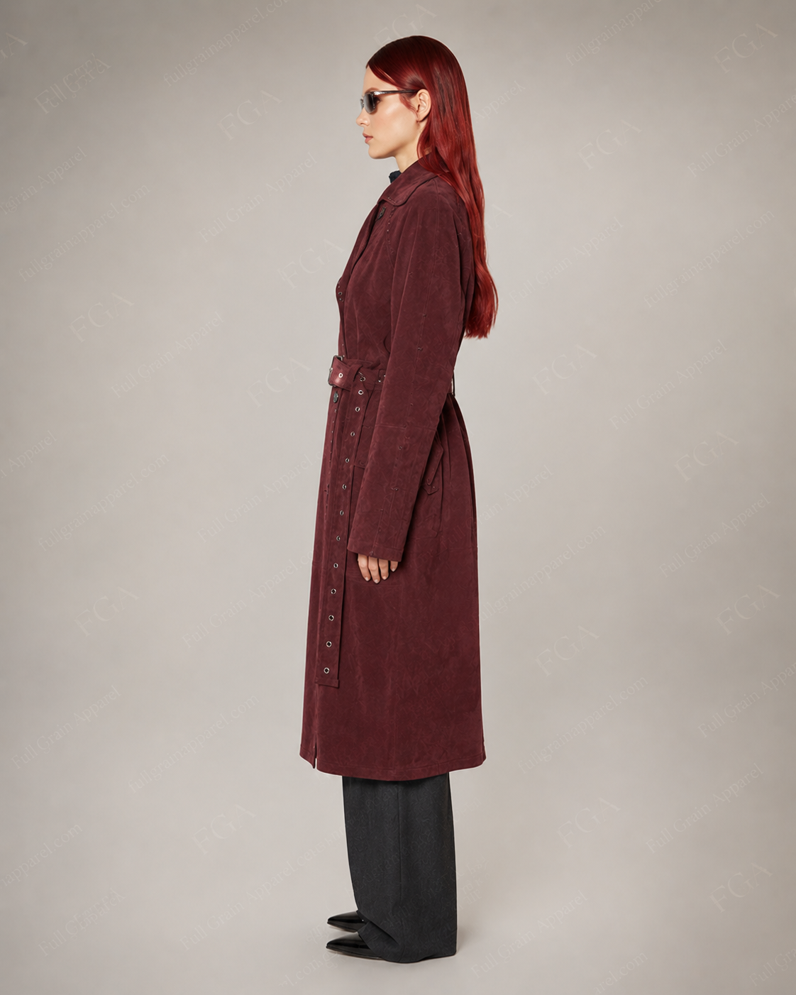 Women's Burgundy Leather Long Trench Coat | Luxury Belted Outerwear | Full Grain Apparel