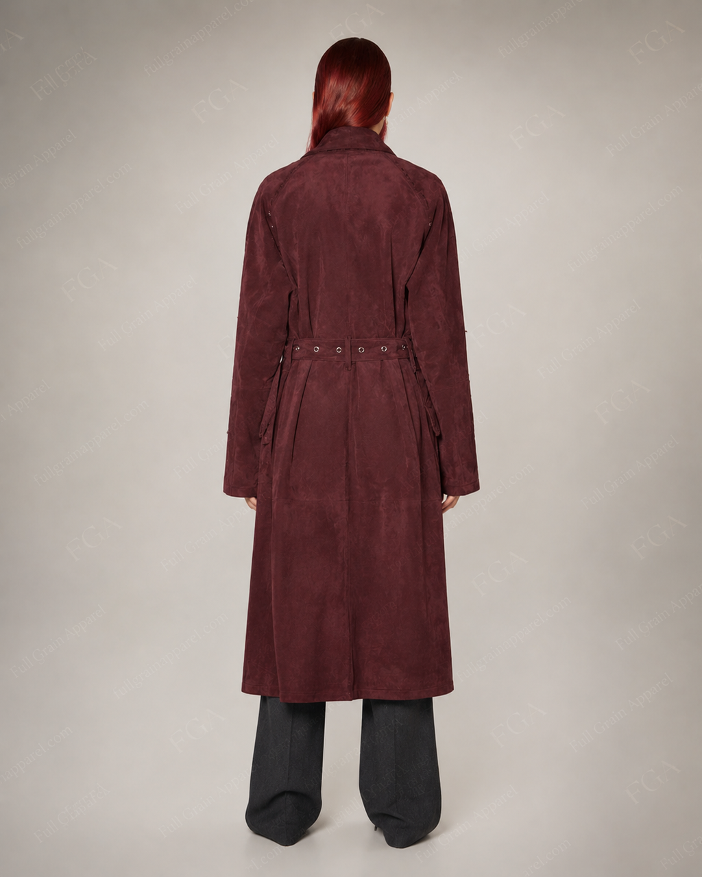 Women's Burgundy Leather Long Trench Coat | Luxury Belted Outerwear | Full Grain Apparel