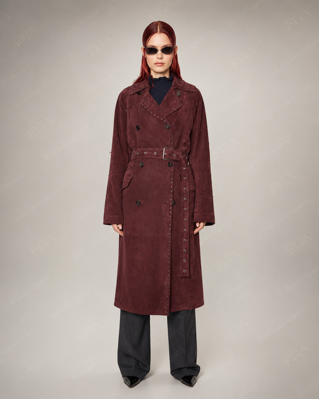 Women's Burgundy Leather Long Trench Coat | Luxury Belted Outerwear | Full Grain Apparel