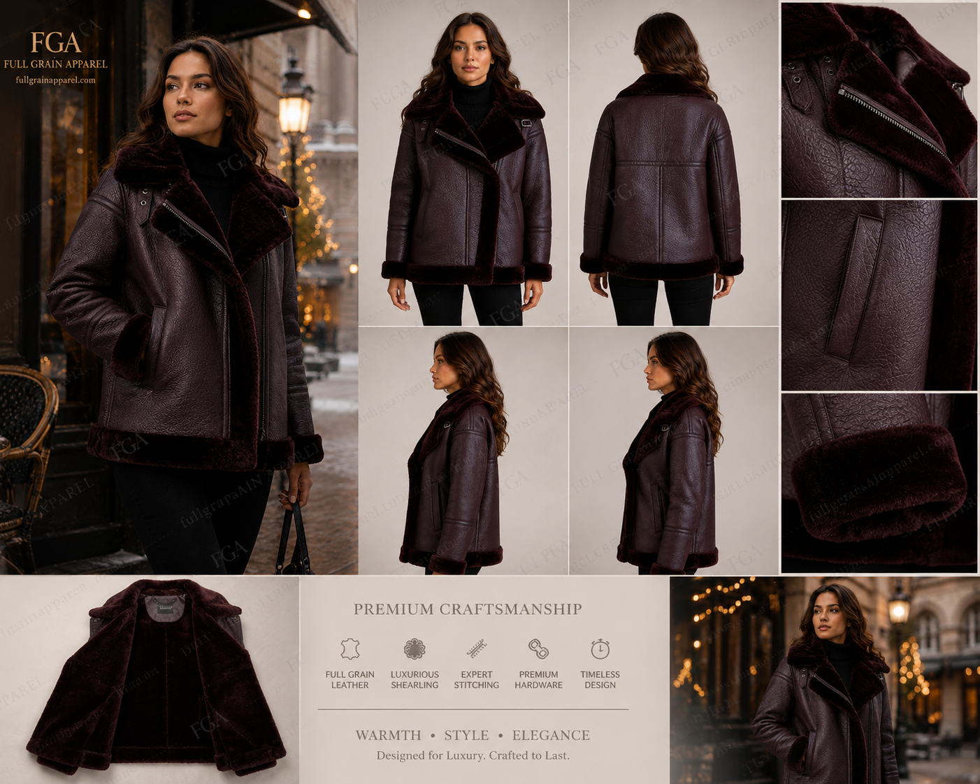 Women's Burgundy Shearling Aviator Jacket | Luxury B3 Coat | Full Grain Apparel