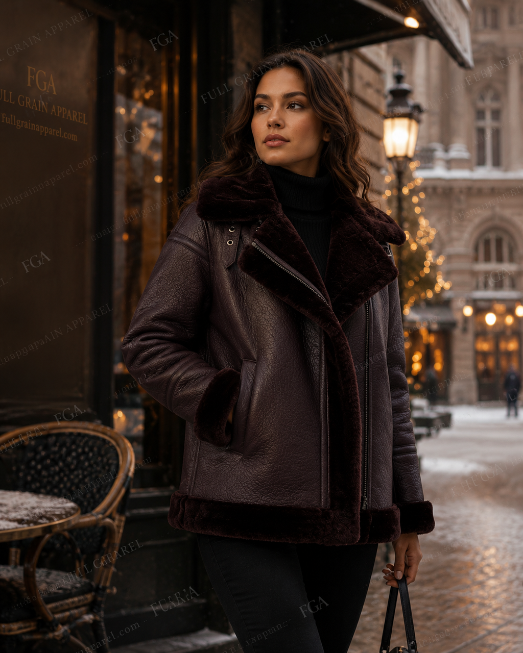 Women's Burgundy Shearling Aviator Jacket | Luxury B3 Coat | Full Grain Apparel