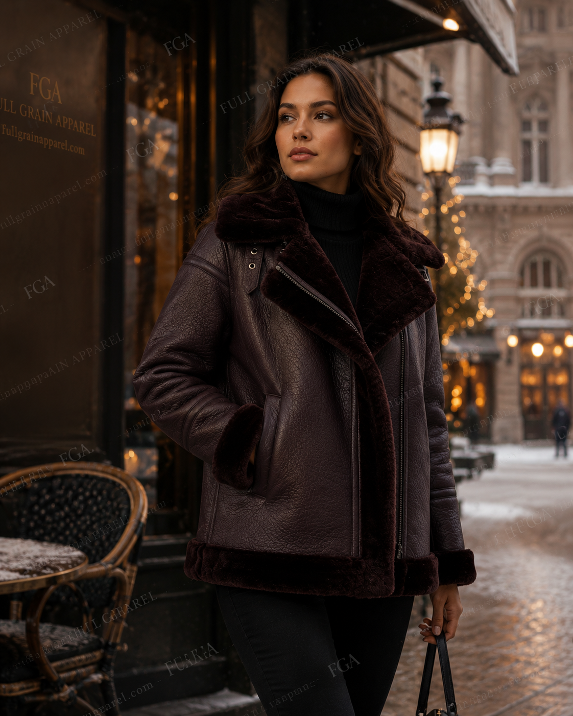 Women's Burgundy Shearling Aviator Jacket | Luxury B3 Coat | Full Grain Apparel