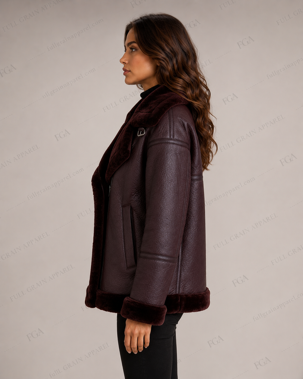 Women's Burgundy Shearling Aviator Jacket | Luxury B3 Coat | Full Grain Apparel