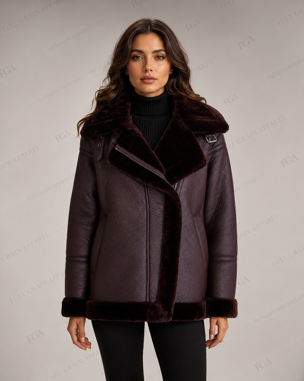 Women's Burgundy Shearling Aviator Jacket | Luxury B3 Coat | Full Grain Apparel