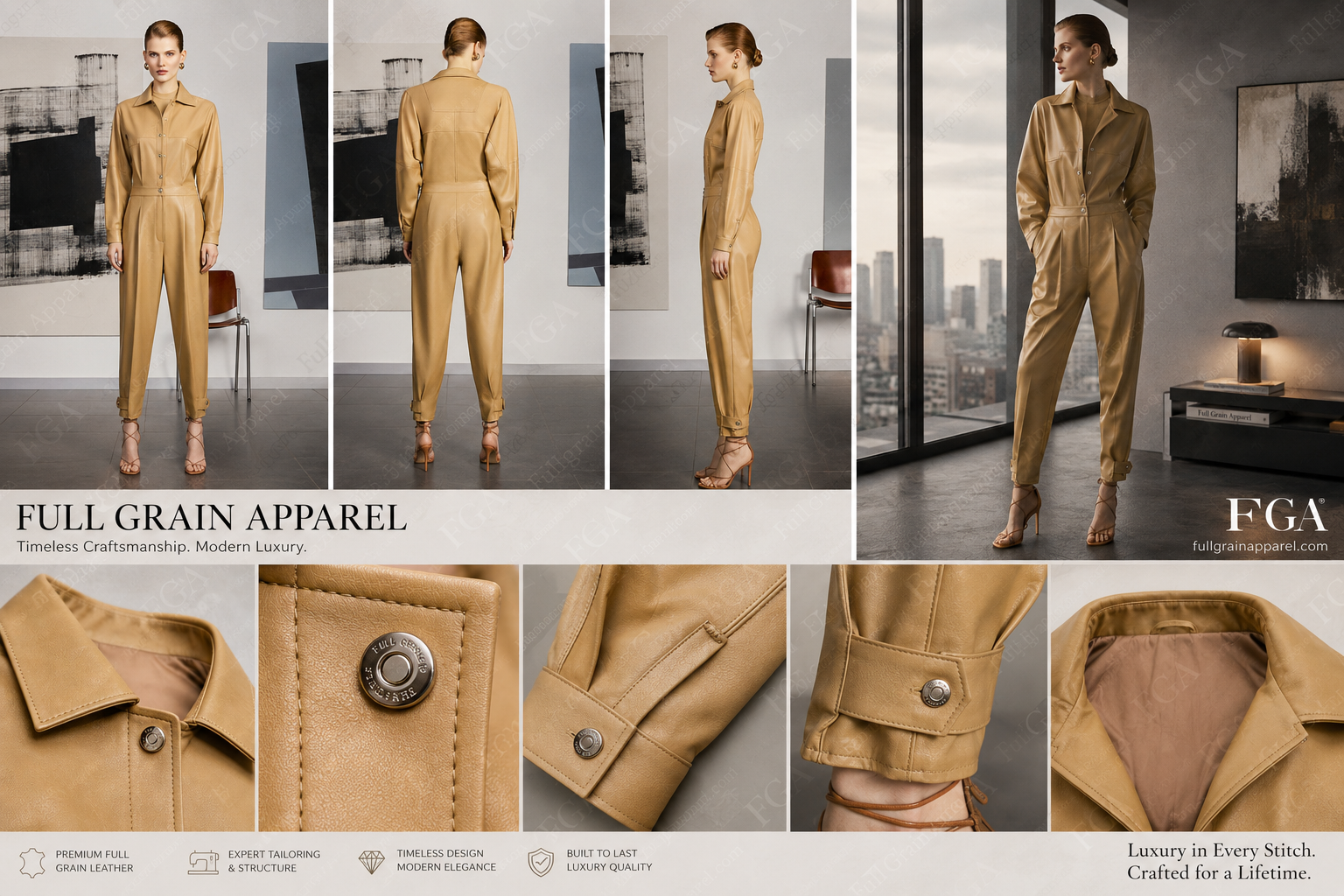 Women's Premium Tan Leather Jumpsuit | Designer Utility Style | Full Grain Apparel