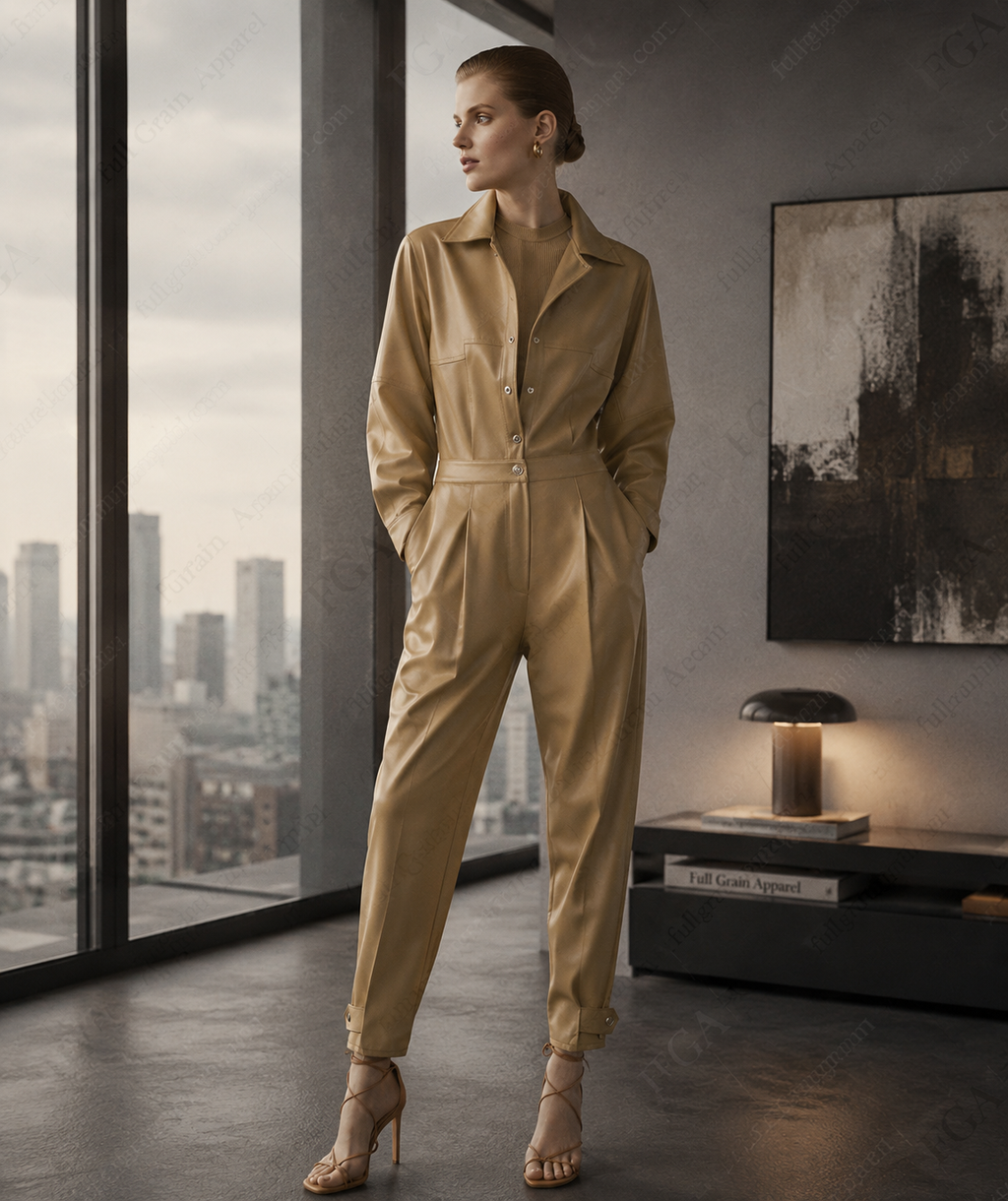 Women's Premium Tan Leather Jumpsuit | Designer Utility Style | Full Grain Apparel