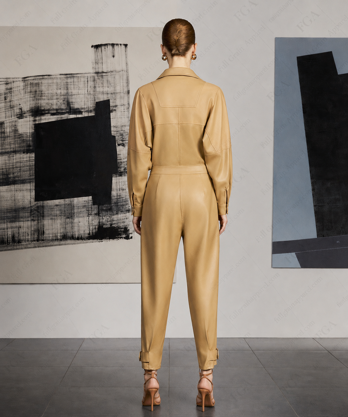 Women's Premium Tan Leather Jumpsuit | Designer Utility Style | Full Grain Apparel