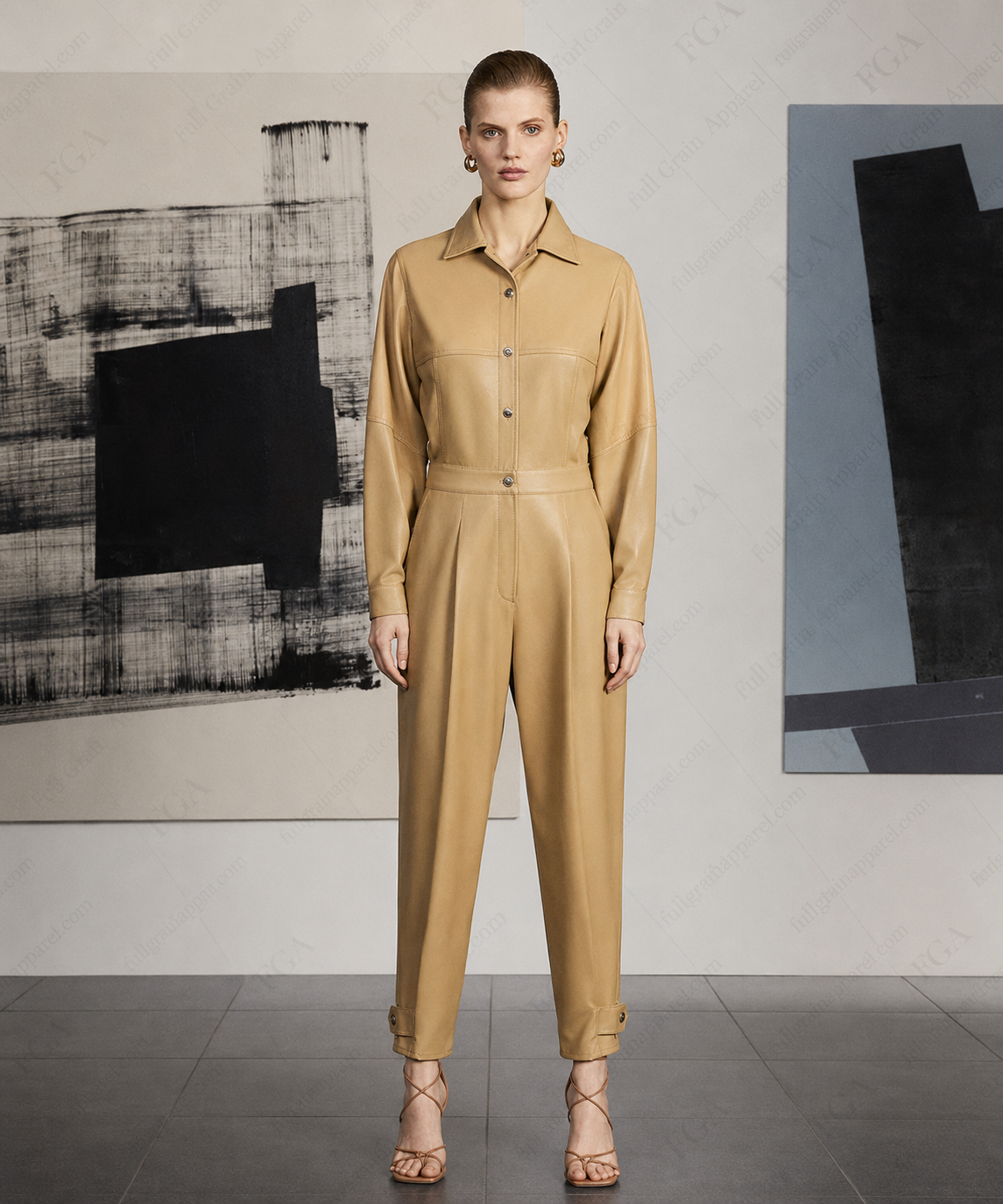 Women's Premium Tan Leather Jumpsuit | Designer Utility Style | Full Grain Apparel