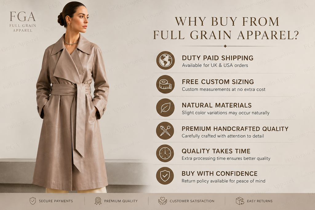 Women's Taupe Leather Trench Coat | Belted Long Coat | Full Grain Apparel