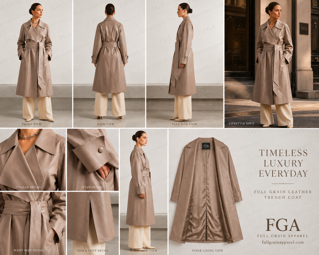 Women's Taupe Leather Trench Coat | Belted Long Coat | Full Grain Apparel