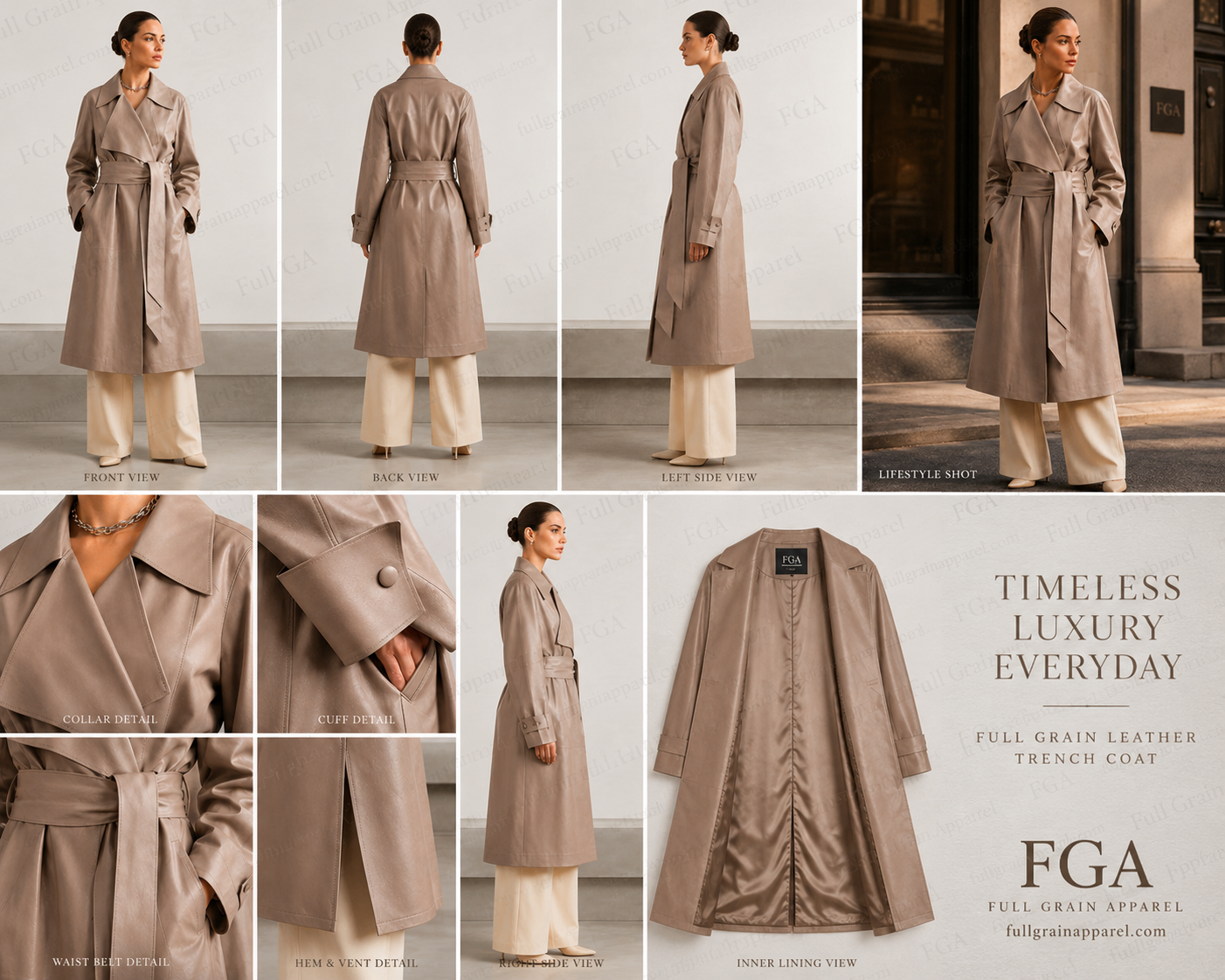 Women's Taupe Leather Trench Coat | Belted Long Coat | Full Grain Apparel