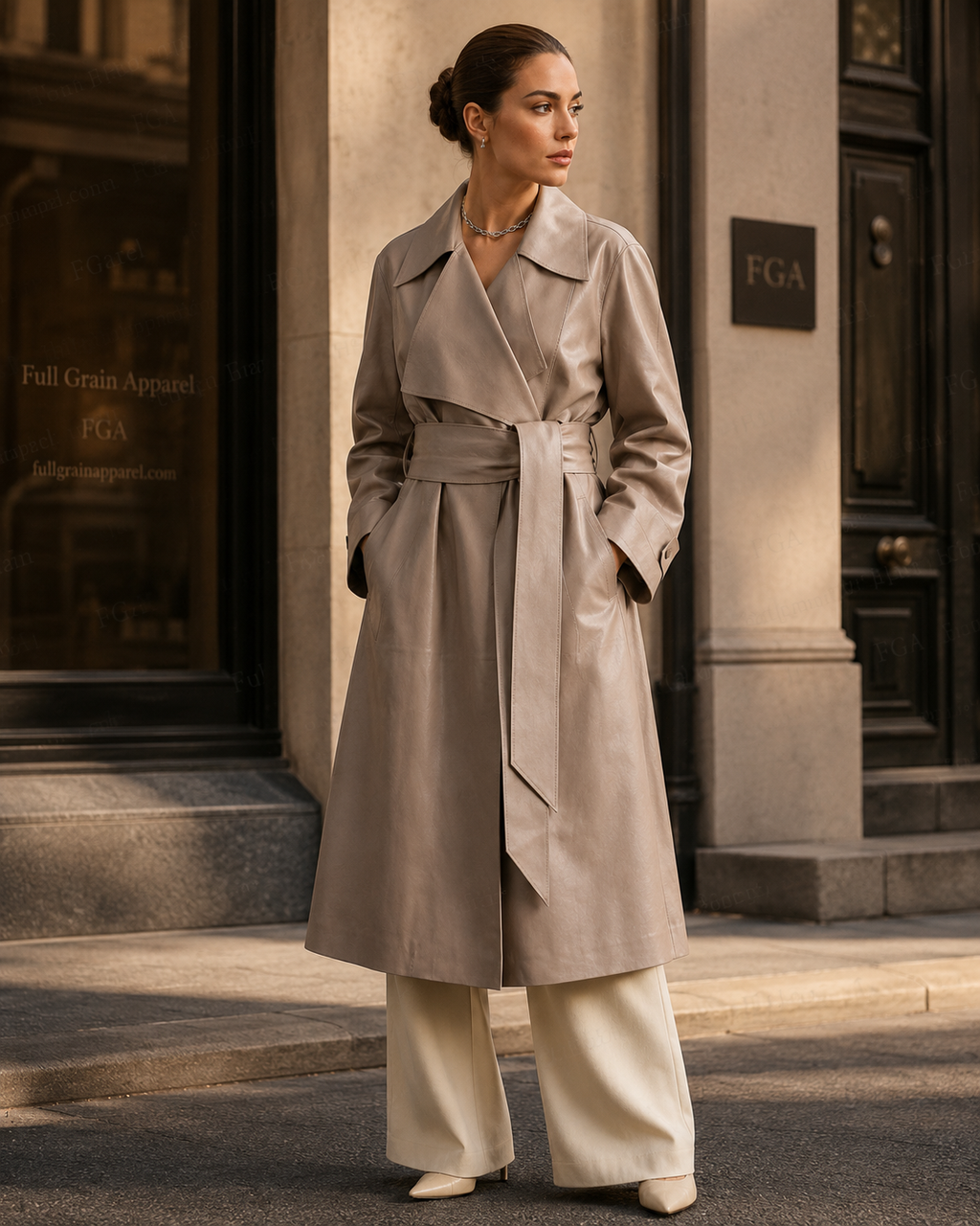 Women's Taupe Leather Trench Coat | Belted Long Coat | Full Grain Apparel