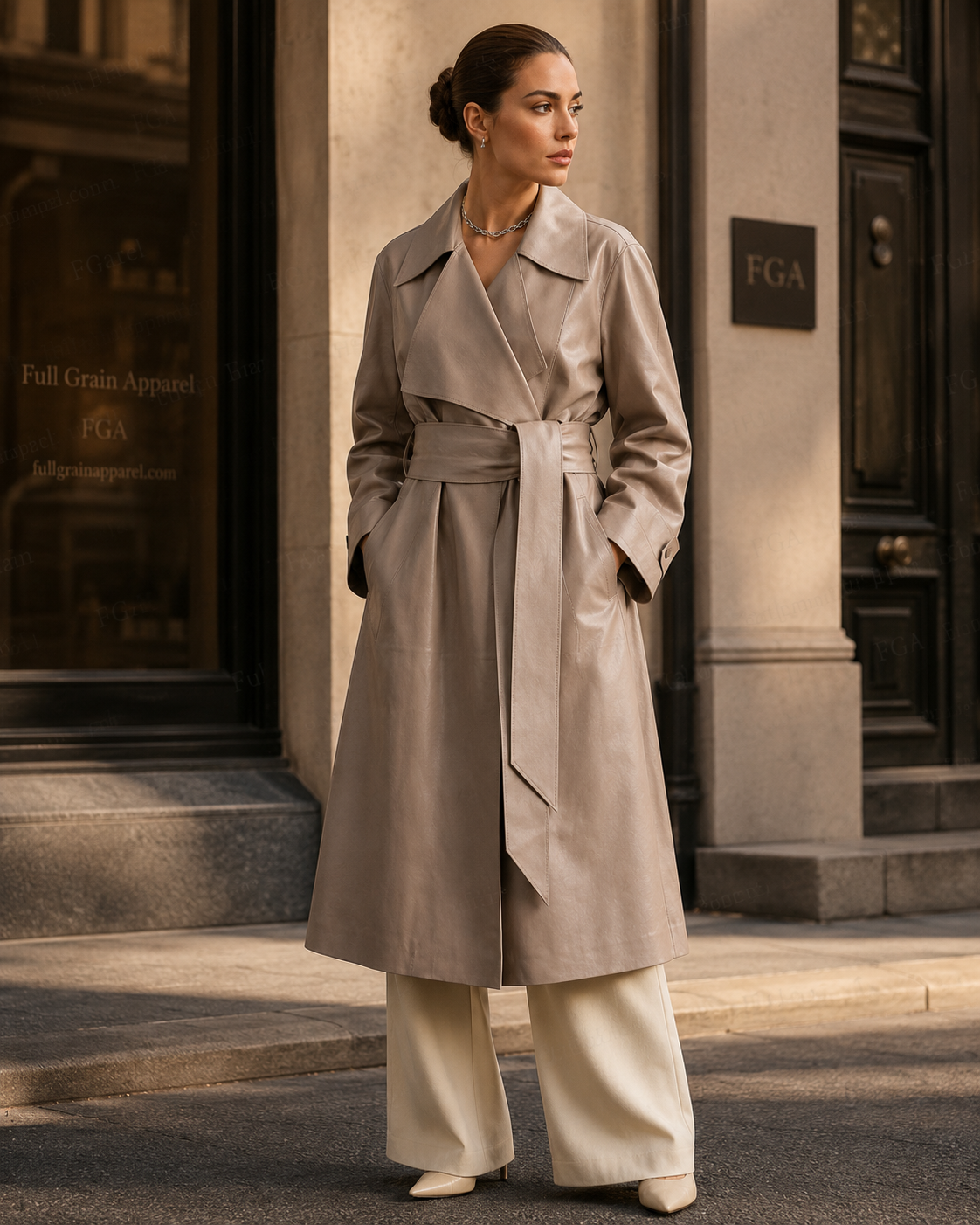 Women's Taupe Leather Trench Coat | Belted Long Coat | Full Grain Apparel
