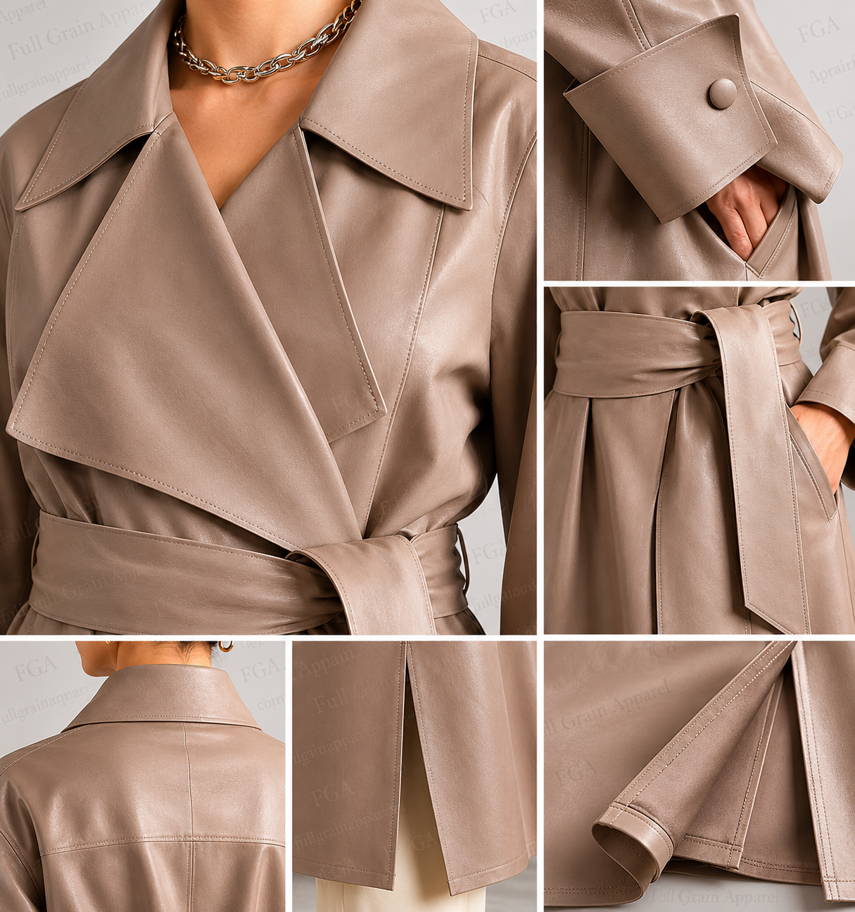 Women's Taupe Leather Trench Coat | Belted Long Coat | Full Grain Apparel