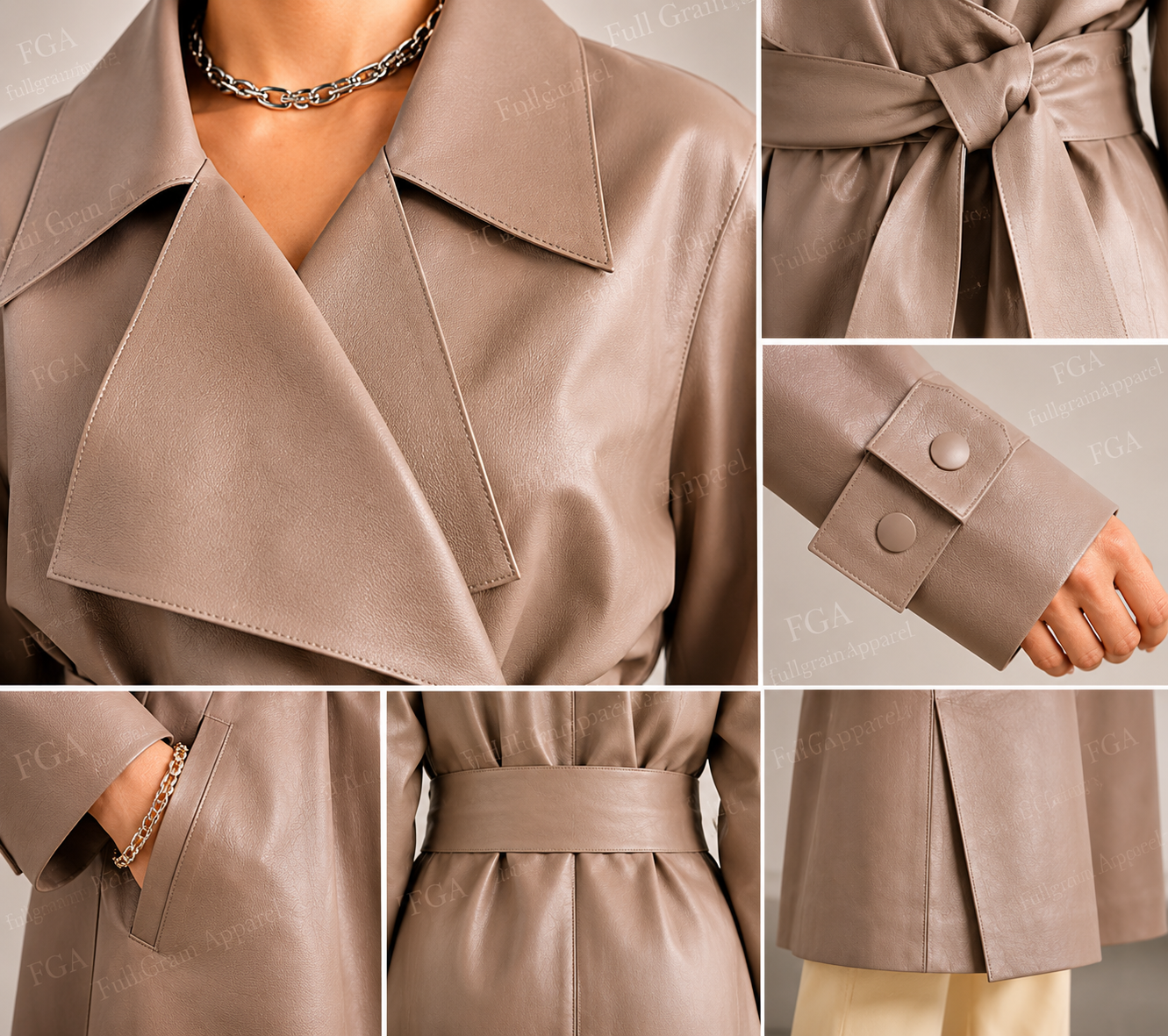 Women's Taupe Leather Trench Coat | Belted Long Coat | Full Grain Apparel