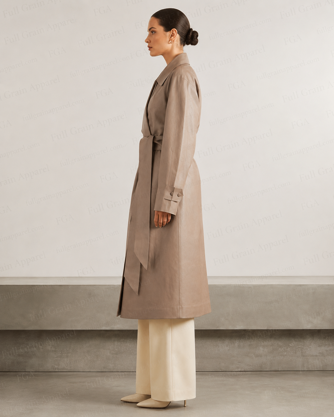Women's Taupe Leather Trench Coat | Belted Long Coat | Full Grain Apparel