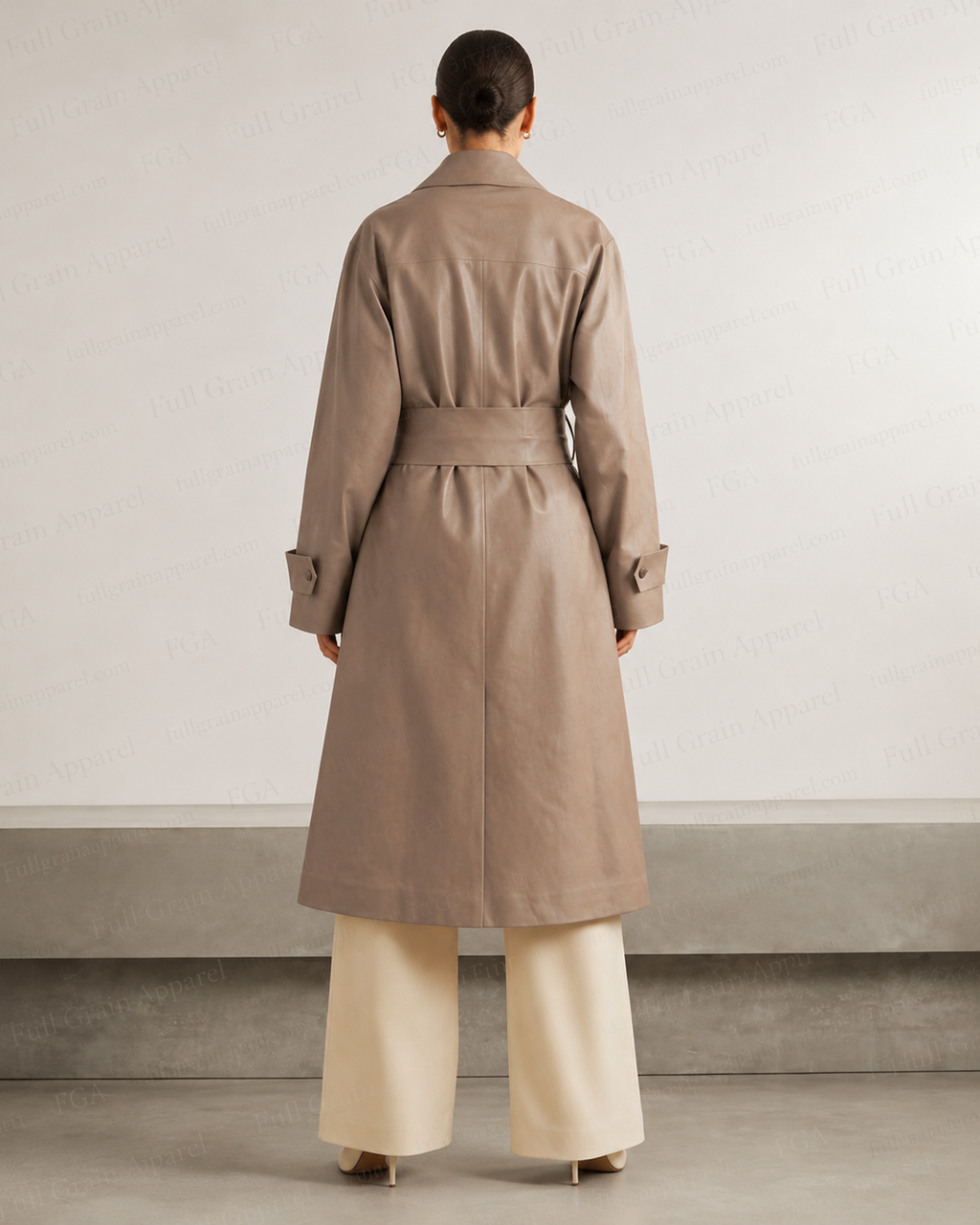 Women's Taupe Leather Trench Coat | Belted Long Coat | Full Grain Apparel