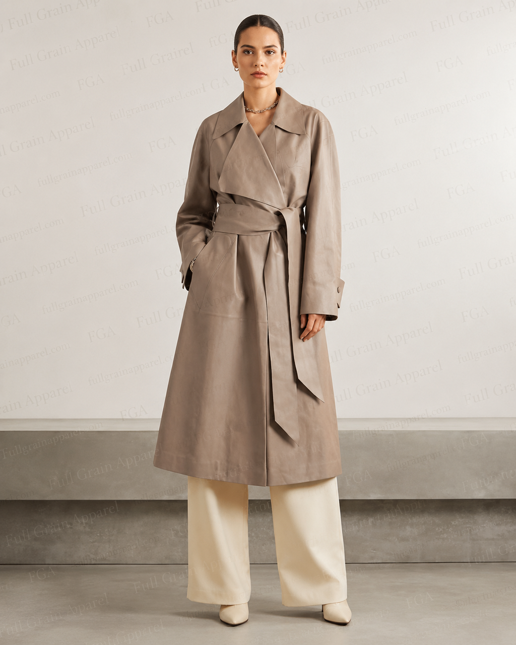 Women's Taupe Leather Trench Coat | Belted Long Coat | Full Grain Apparel