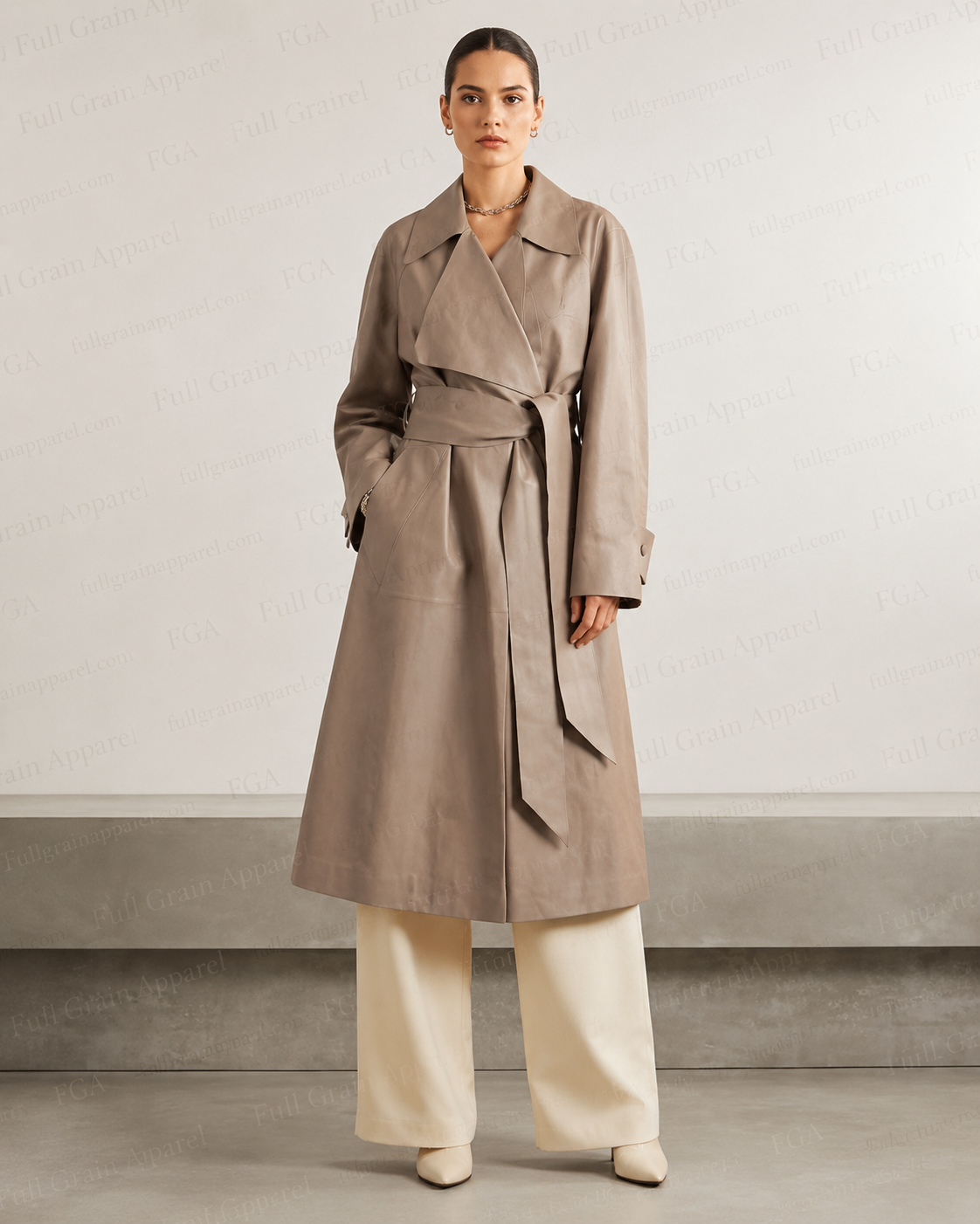 Women's Taupe Leather Trench Coat | Belted Long Coat | Full Grain Apparel