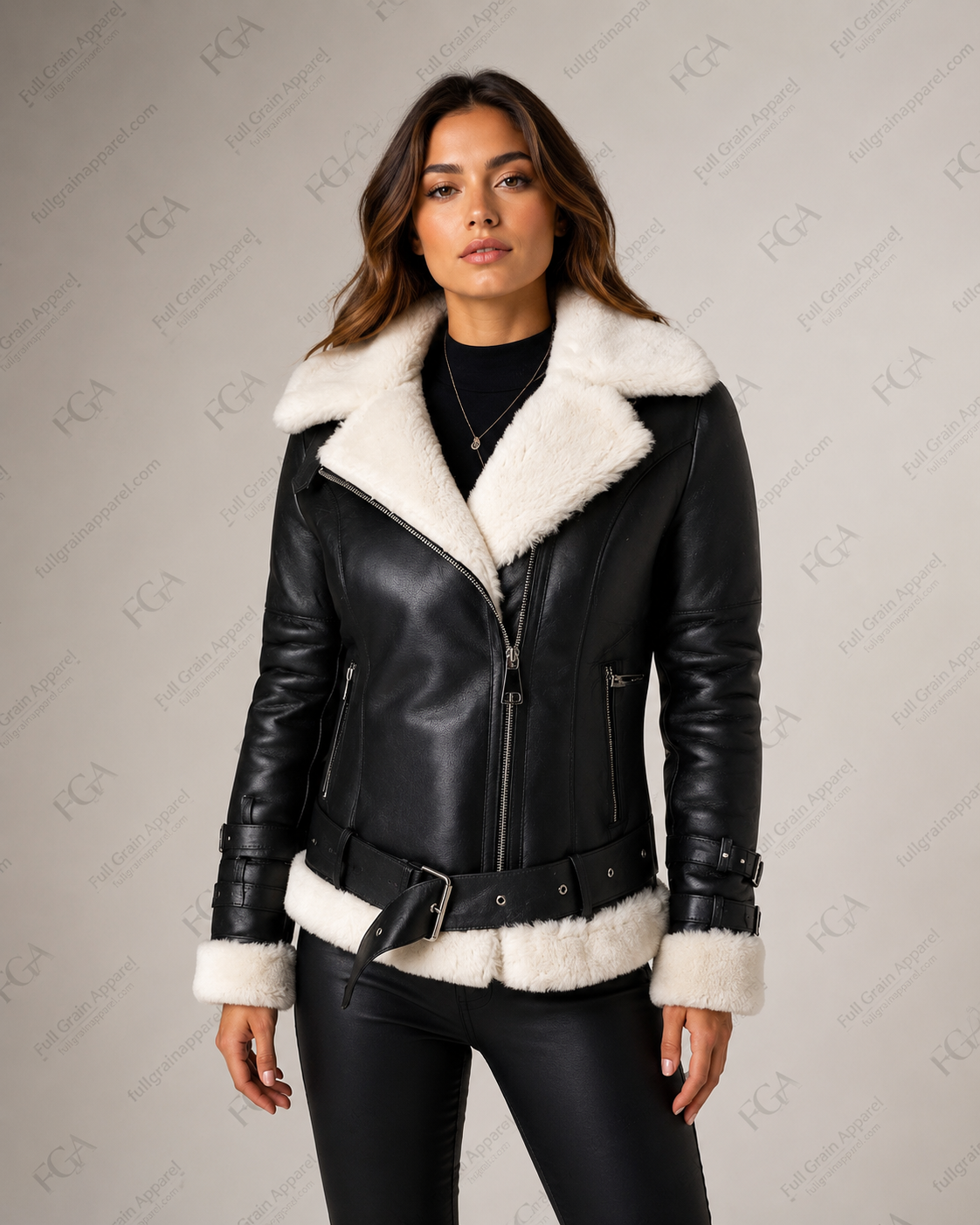 Women's Black Shearling Leather Aviator Jacket | B3 Style | Full Grain Apparel