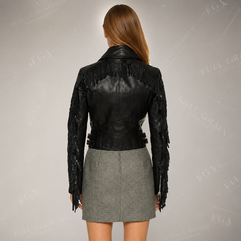Women's Black Fringe Biker Leather Jacket | Western Moto | Full Grain Apparel