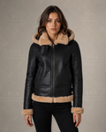 Women's Black Hooded Shearling Leather Jacket | Winter Aviator | Full Grain Apparel