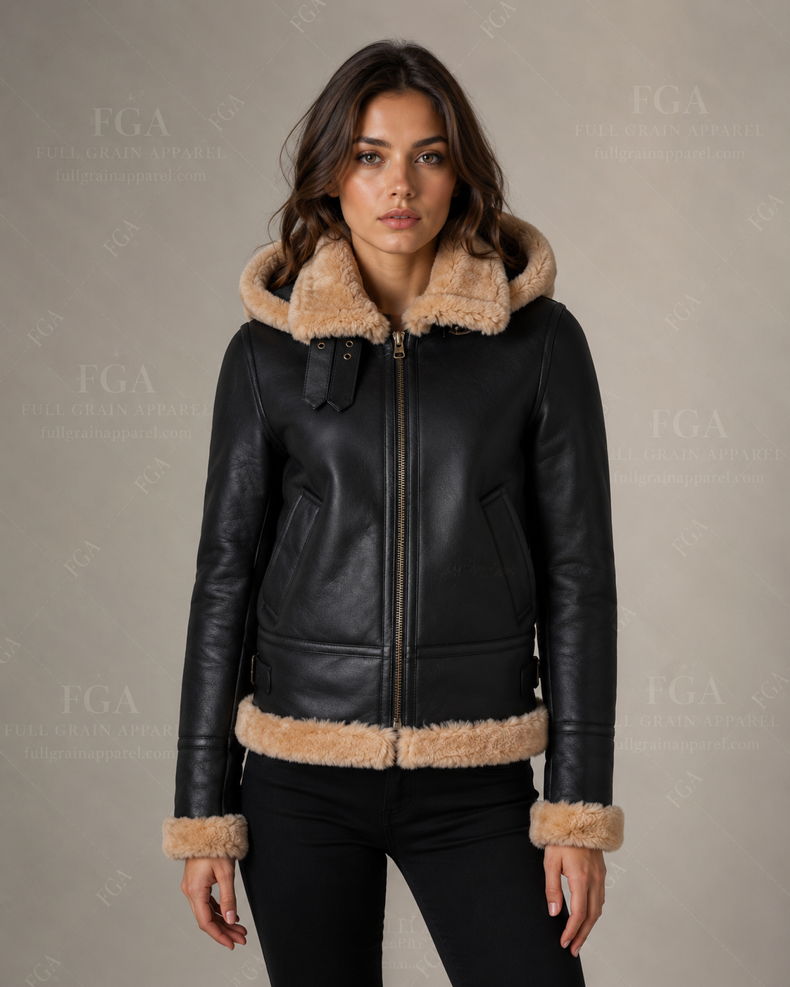 Women's Black Hooded Shearling Leather Jacket | Winter Aviator | Full Grain Apparel