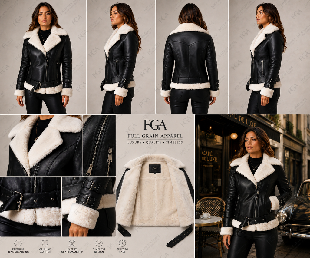 Women's Black Shearling Leather Aviator Jacket | B3 Style | Full Grain Apparel