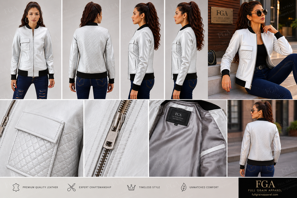 Women's White Quilted Leather Bomber Jacket | Modern Luxe | Full Grain Apparel