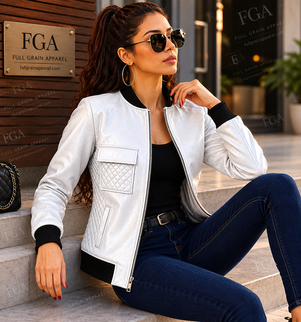 Women's White Quilted Leather Bomber Jacket | Modern Luxe | Full Grain Apparel