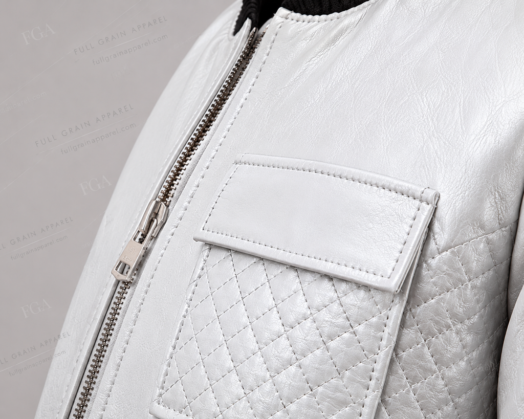 Women's White Quilted Leather Bomber Jacket | Modern Luxe | Full Grain Apparel