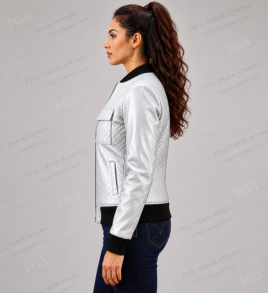 Women's White Quilted Leather Bomber Jacket | Modern Luxe | Full Grain Apparel